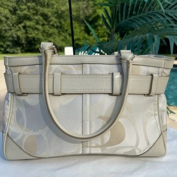 COACH Monogramed Cream & Tan Hamilton Tote Handbag Purse Silver Hardware GUC - Picture 3 of 11